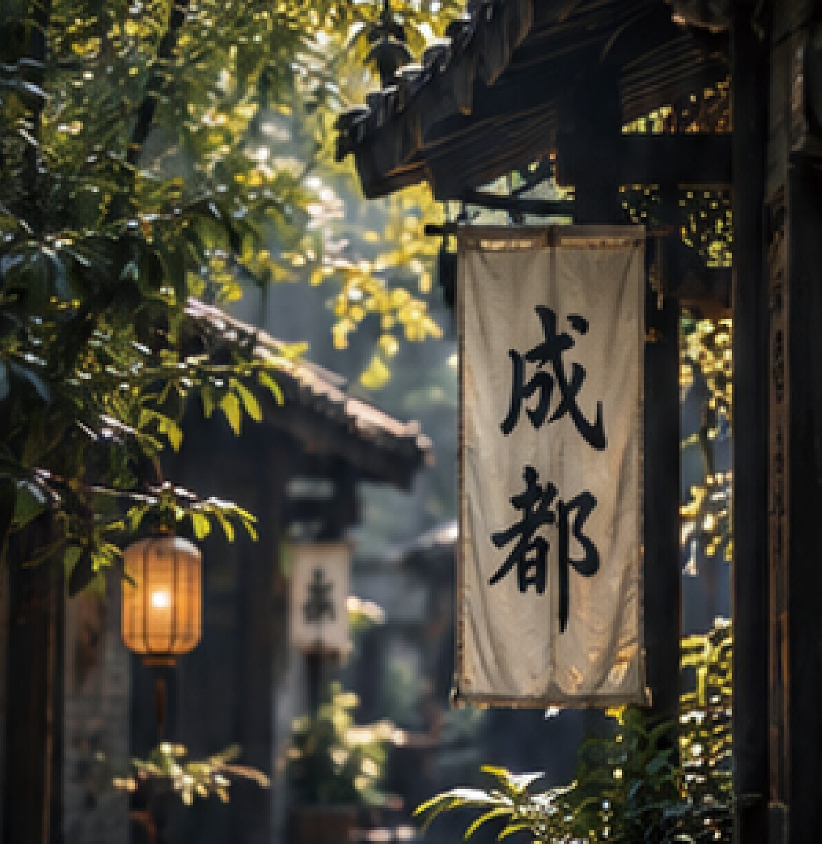 阳光穿过树叶，落在成都老街的木楼与灯笼上